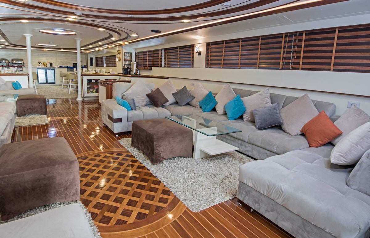 Interior design of the salon area in a large luxury motor yacht